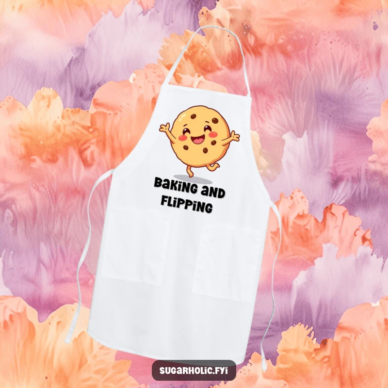 Funny Apron showcasing a smiling cookie character in a lively cartwheel, ready for kitchen adventures.