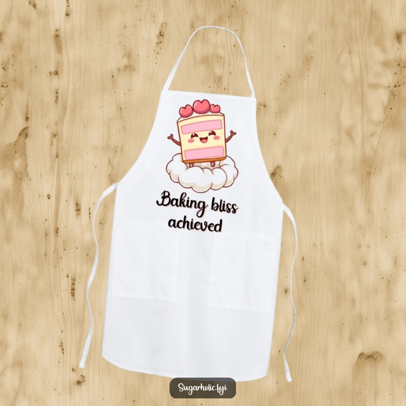 Funny happy slice of cake bouncing on a whipped cream cloud, a humorous and practical kitchen apron.