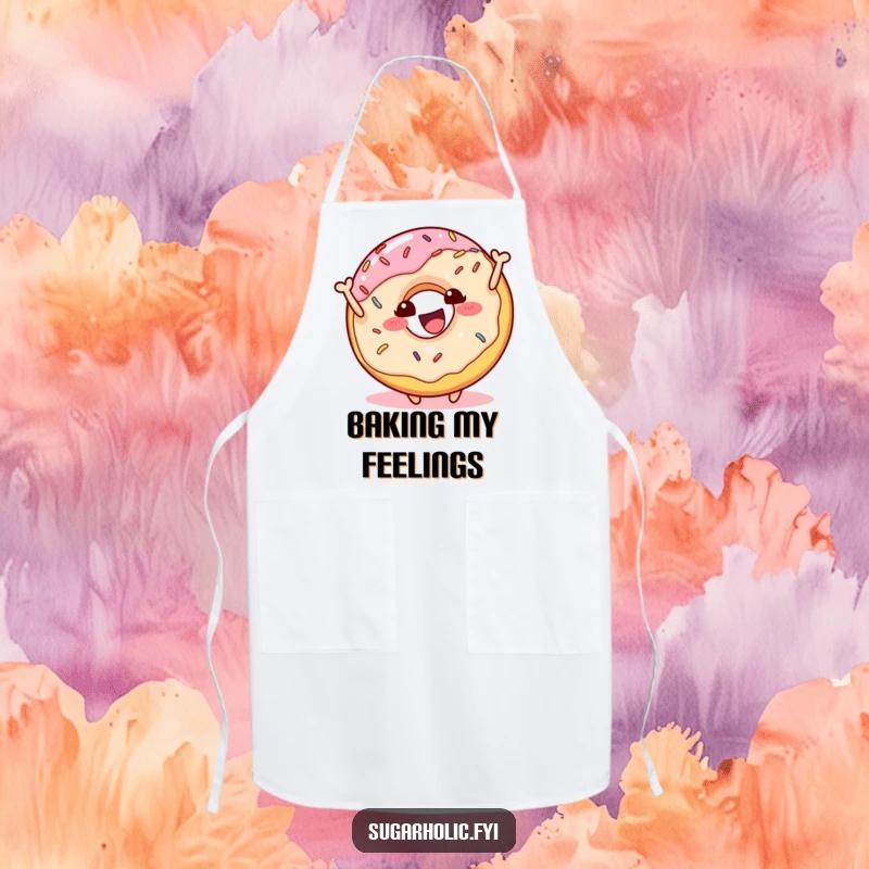 Funny donut character with sprinkles bouncing with culinary enthusiasm on a kitchen apron, a delightful and humorous cooking accessory for a funny gift.