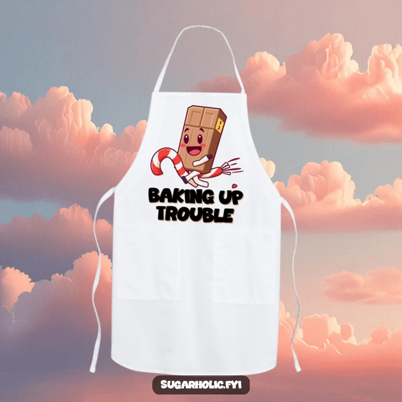 Funny chocolate bar character joyfully rides a runaway candy cane, a playful and humorous design for kitchen adventures.