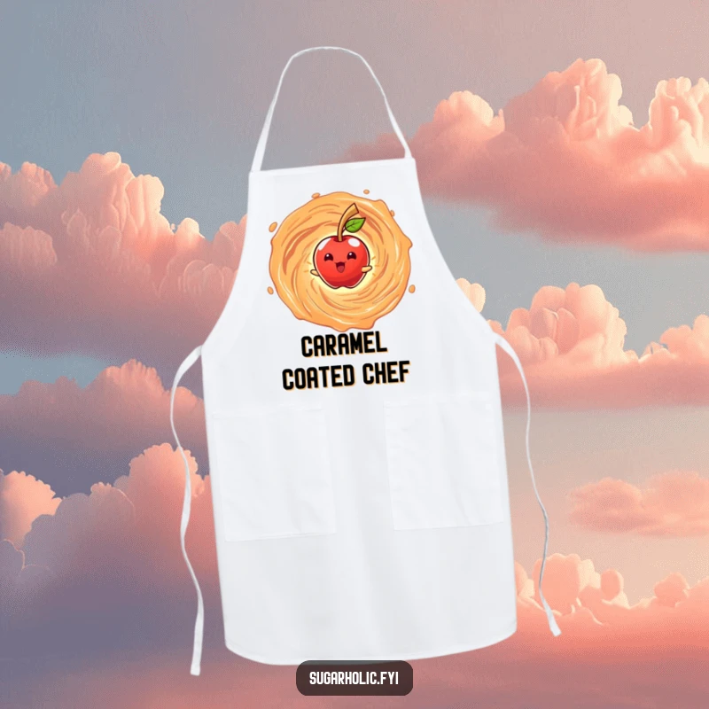 Funny apron featuring a beaming anthropomorphic candy apple character spinning in a caramel vortex, perfect for adding sweet humor to cooking.