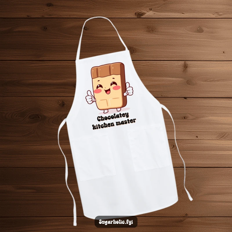 Funny Apron: A kitchen apron adorned with a blushing chocolate bar character giving two thumbs up, making cooking tasks more enjoyable.