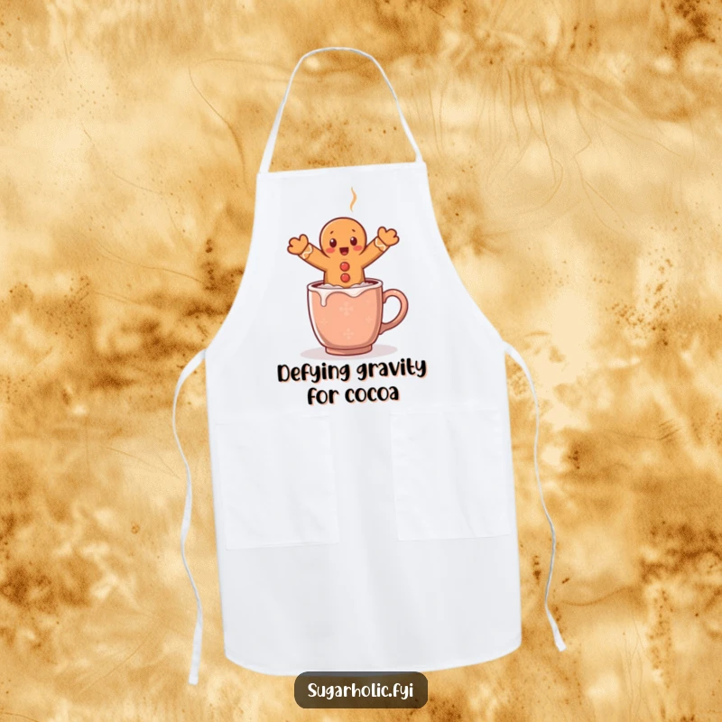 Funny apron featuring a gingerbread man comically leaping over a steaming mug of cocoa, adding humor to kitchen activities.