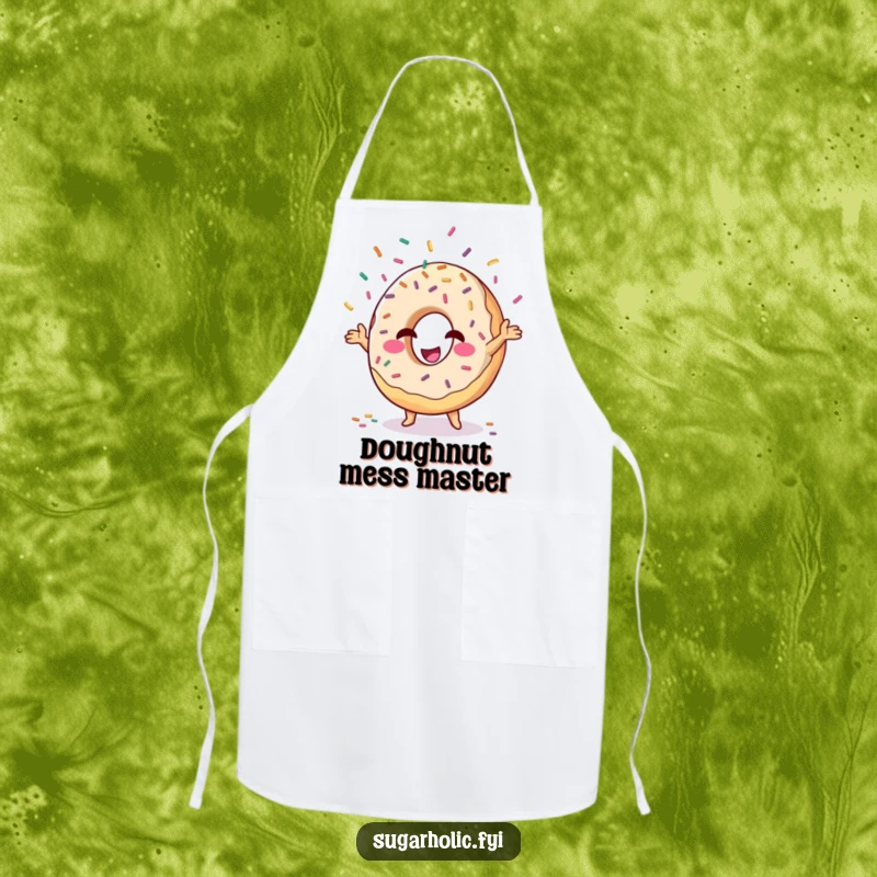 Funny donut character juggling sprinkles, kitchen apron for playful and humorous baking.