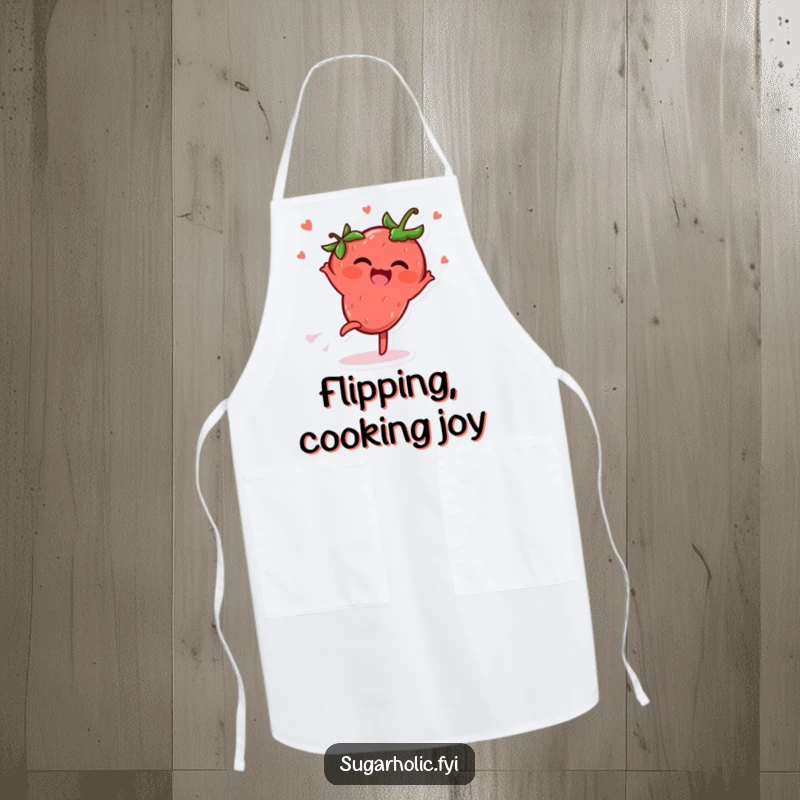 Funny Apron depicting a delighted strawberry character mid-cartwheel, spreading giggles and joy while holding cooking utensils.