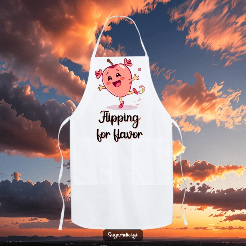 Funny apron depicting a thrilled candy apple character doing a cartwheel with a trailing candy effect during kitchen activities.