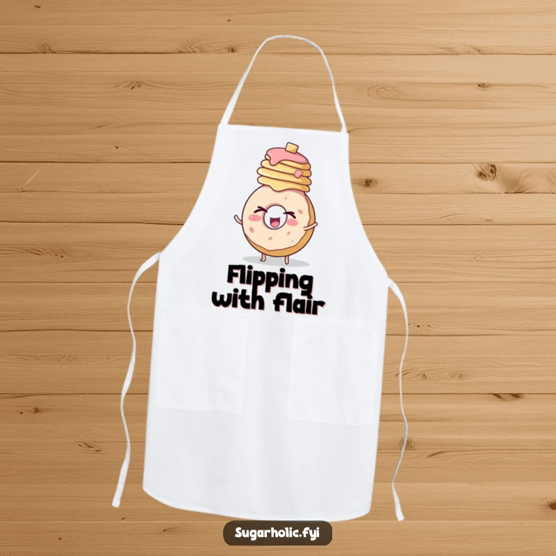 Funny apron design featuring a round donut character winking enthusiastically while balancing a stack of pancakes.