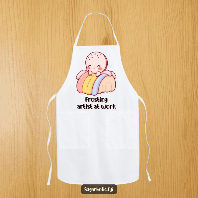 Funny macaroon character sliding down a frosting rainbow, kitchen apron for delightful baking and cooking.