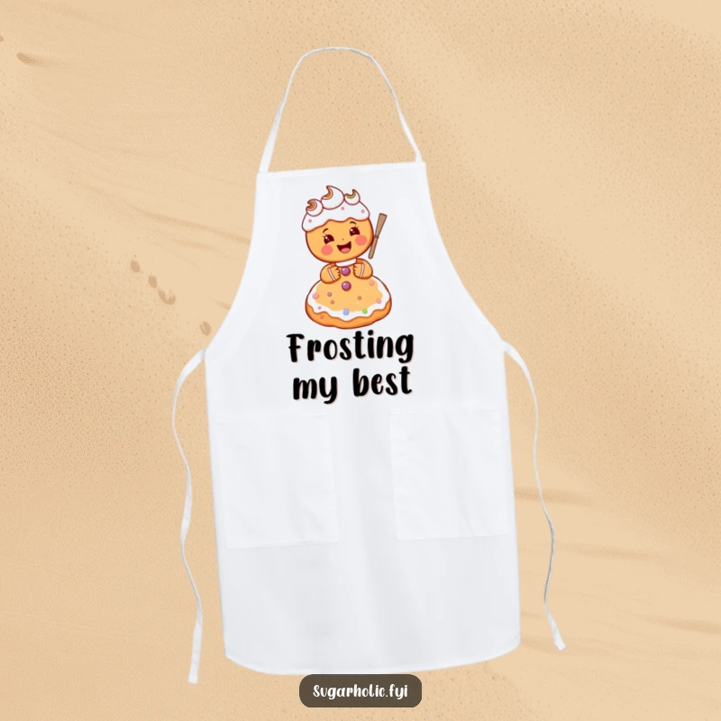 Funny gingerbread person character gleefully frosting a giant sugar cookie, a humorous and functional kitchen apron.