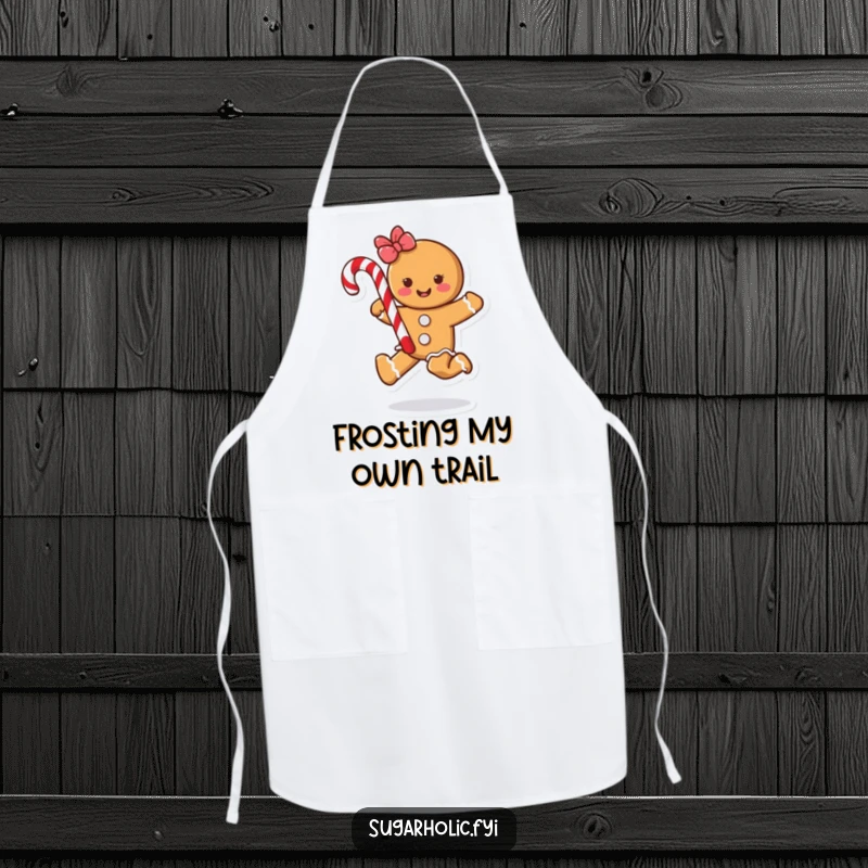 Funny gingerbread cookie character skipping with a candy cane, ideal for a humorous and practical apron for cooking.