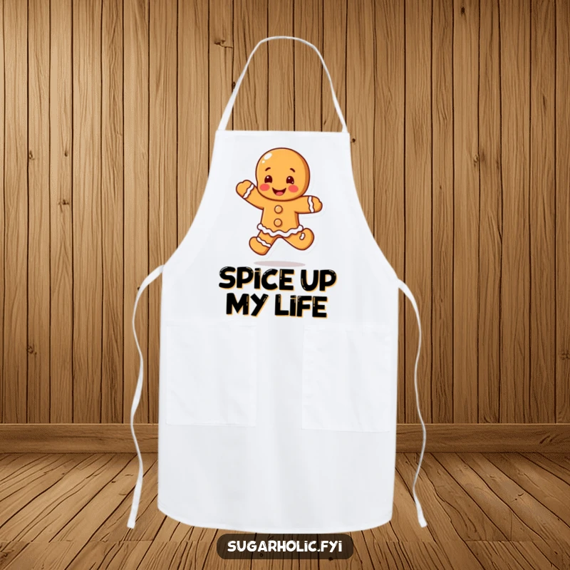 Funny Gingerbread Man Apron with a blushing character doing a happy leap, a sweet and funny kitchen gift.