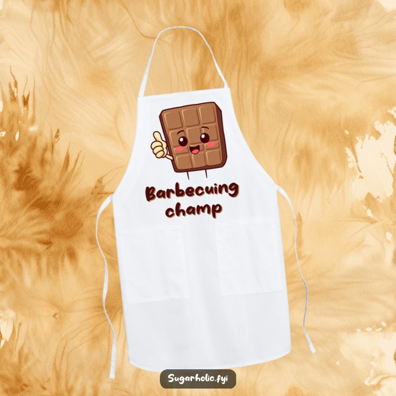 Funny Chocolate Bar Apron with a delighted chocolate bar character giving a thumbs up, a sweet and funny kitchen gift.