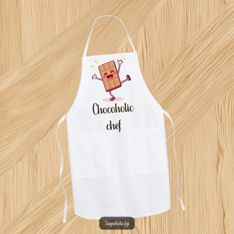 Funny apron featuring a thrilled anthropomorphic chocolate bar character doing a cartwheel, perfect for adding energetic humor to cooking.