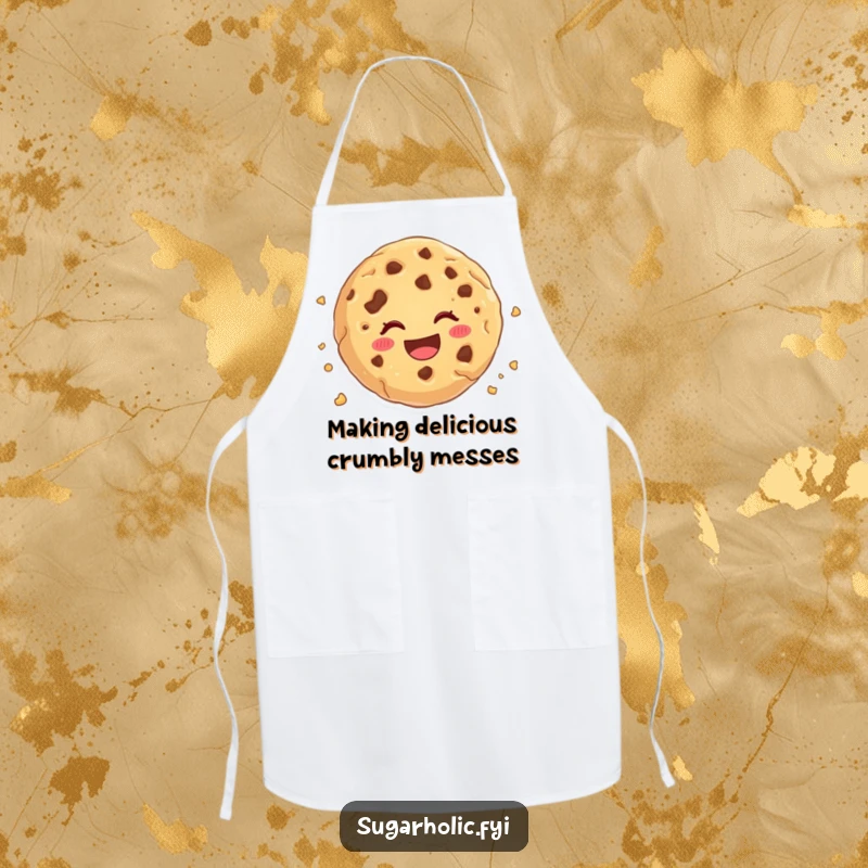Funny cookie crumble apron, a cartoon cookie cheerfully falling apart, perfect for adding humor and fun to kitchen activities.
