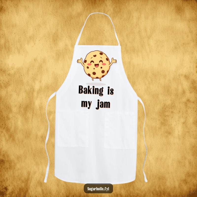Funny cookie character with chocolate chips doing a happy dance on a kitchen apron, bringing humor and style to cooking, a funny gift.