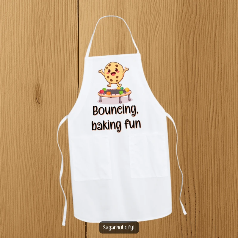 Funny Apron depicting a playful cookie character bouncing high on a trampoline made of assorted, colorful gummy bears.