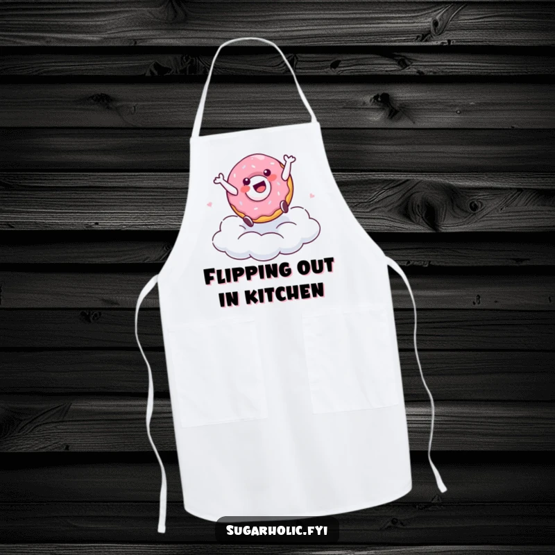 Funny apron showcasing a delighted doughnut character mid-cartwheel over a sugary cloud, perfect for joyful cooking and baking sessions.