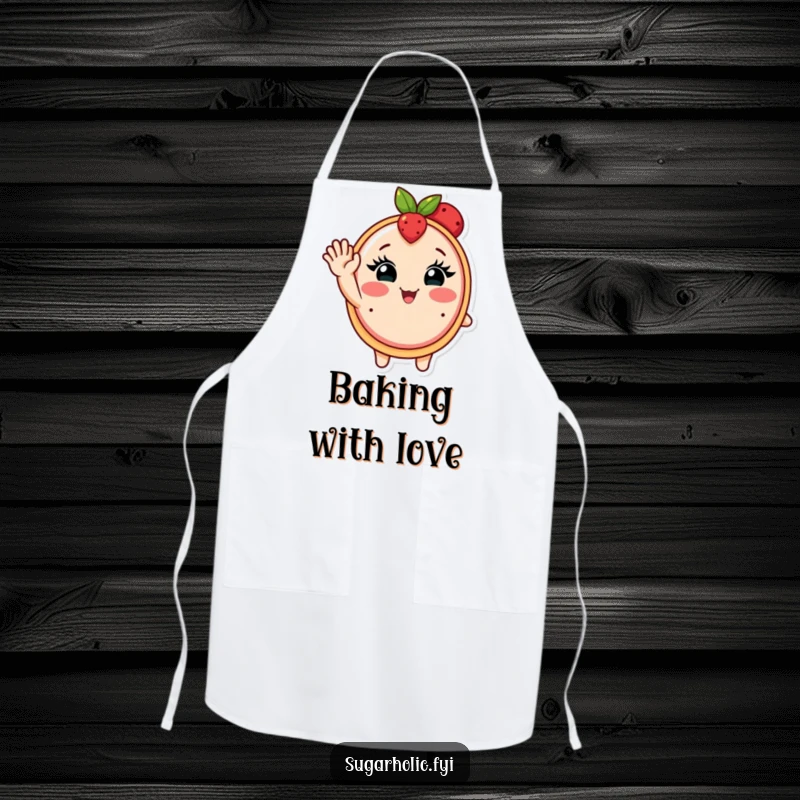 Funny apron featuring a blushing fruit tart with eyelashes waving enthusiastically, designed for sweet culinary creations.