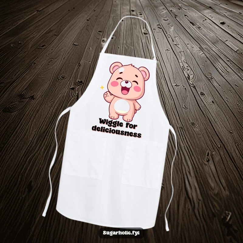 Funny Gummy Bear Apron showing a thrilled gummy bear character in a celebratory wiggle, ideal for adding humor to kitchen tasks.