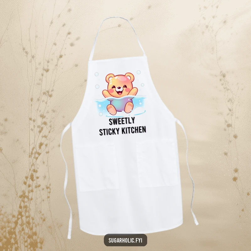 Funny apron featuring a pleased gummy bear character swimming in a fizzy soda pool, perfect for adding sweet humor to cooking.