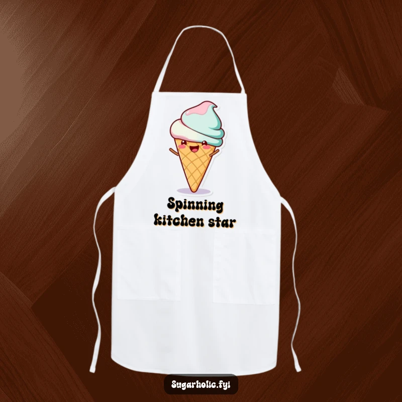 Funny apron with a cheerful ice cream cone character happily spinning, adding a humorous and sweet touch to kitchen tasks.