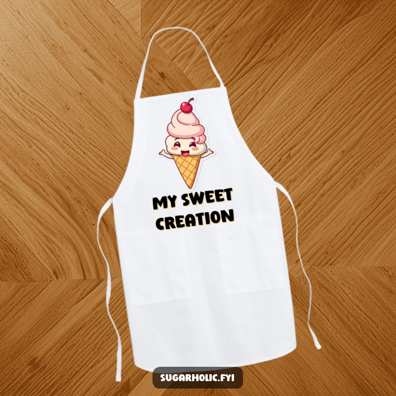 Funny ice cream cone character with a cherry on top giggling and spinning on a kitchen apron, a delightful and humorous cooking accessory, a funny gift.
