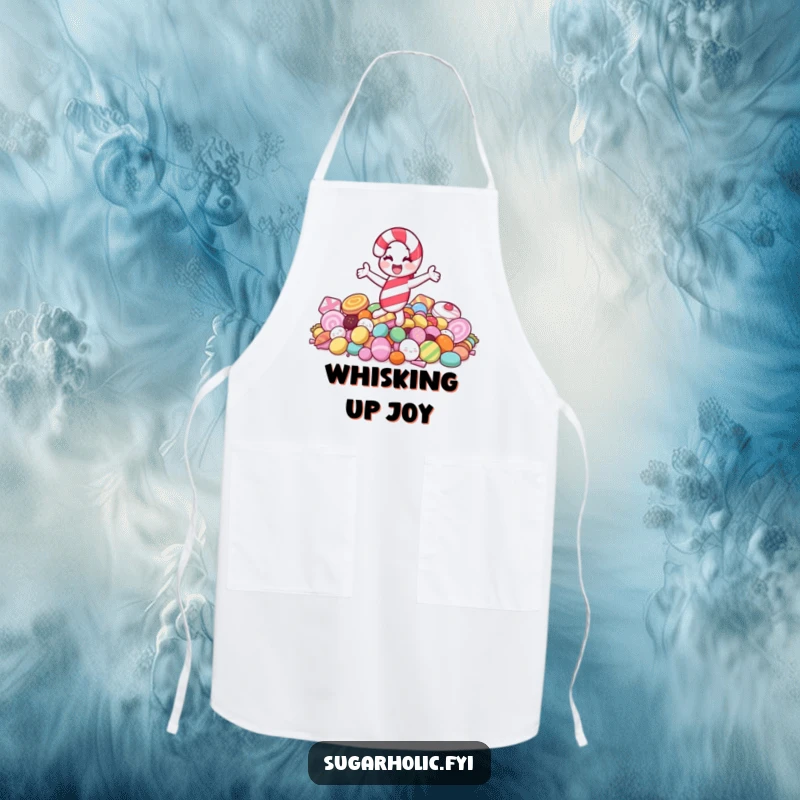 Funny apron featuring a candy cane character joyfully spinning on a pile of sweets, adding sweetness and humor to cooking.