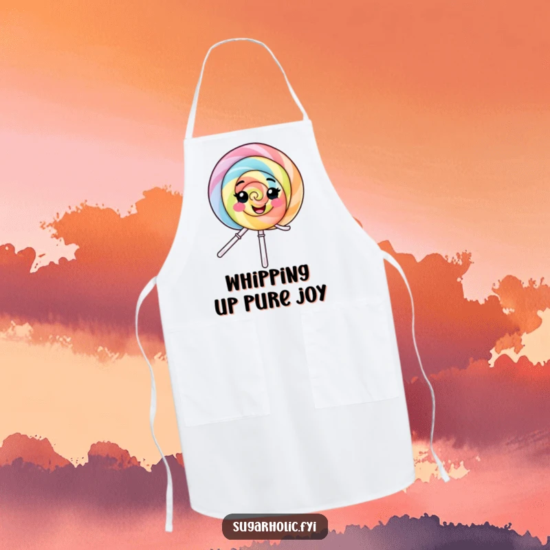 Funny Apron: A chef's apron adorned with a smiling lollipop character spinning with pure delight, making kitchen tasks happier.
