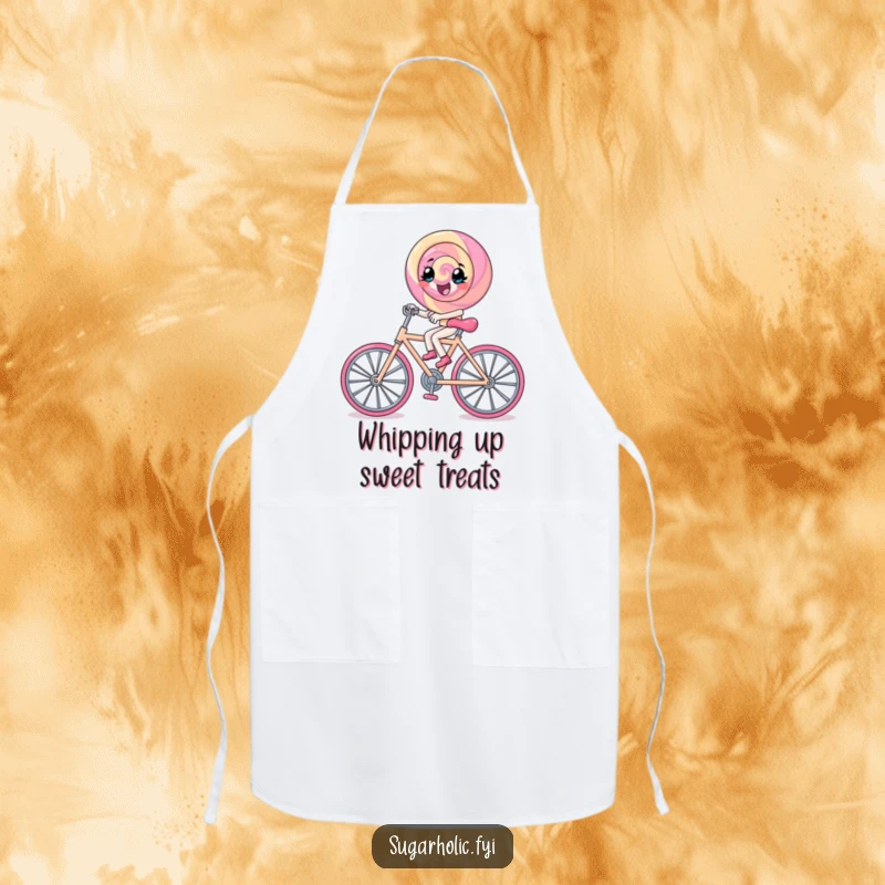 Funny lollipop character excitedly pedals a tiny rock candy bicycle, a sweet and humorous design for kitchen wear.
