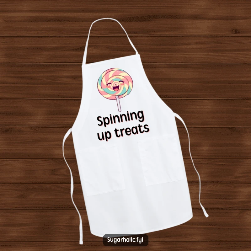 Funny gleeful lollipop character spinning happily with a radiating sweet expression, a practical and funny apron.
