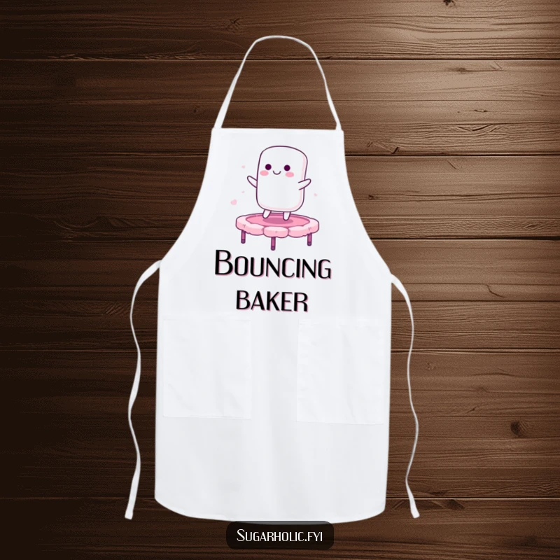 Funny apron showing a smiling marshmallow character bouncing on a candy floss trampoline, adding playful and sweet vibes to cooking.