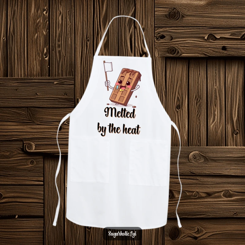 Funny apron featuring a chocolate bar character comically waving a dripping flag, adding sweetness and humor to cooking.