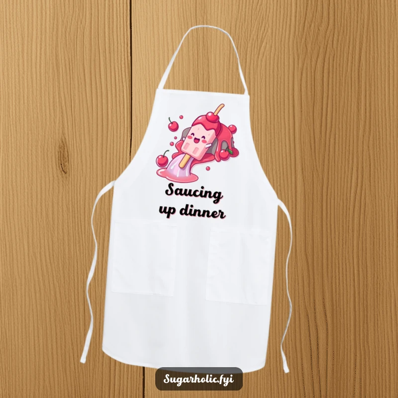 Funny apron depicting a gleeful popsicle character sliding down a cherry syrup waterfall, perfect for cheerful and mess-free culinary creations.