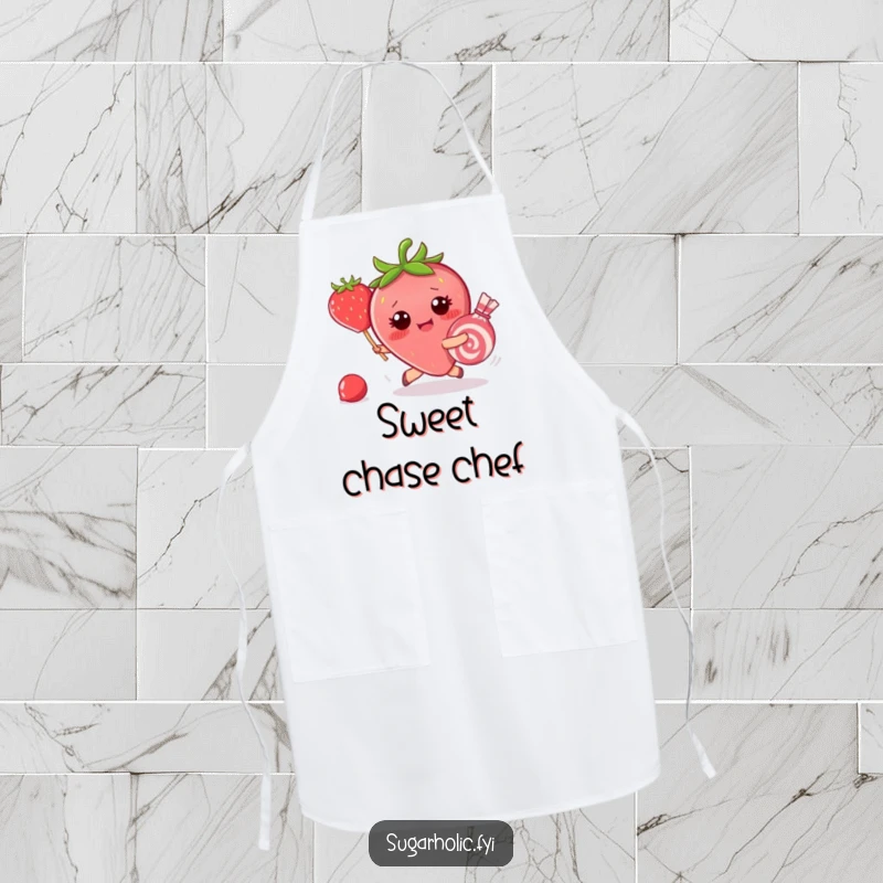 Funny apron with a blushing strawberry character chasing a runaway piece of candy, adding a humorous and sweet touch to kitchen tasks.