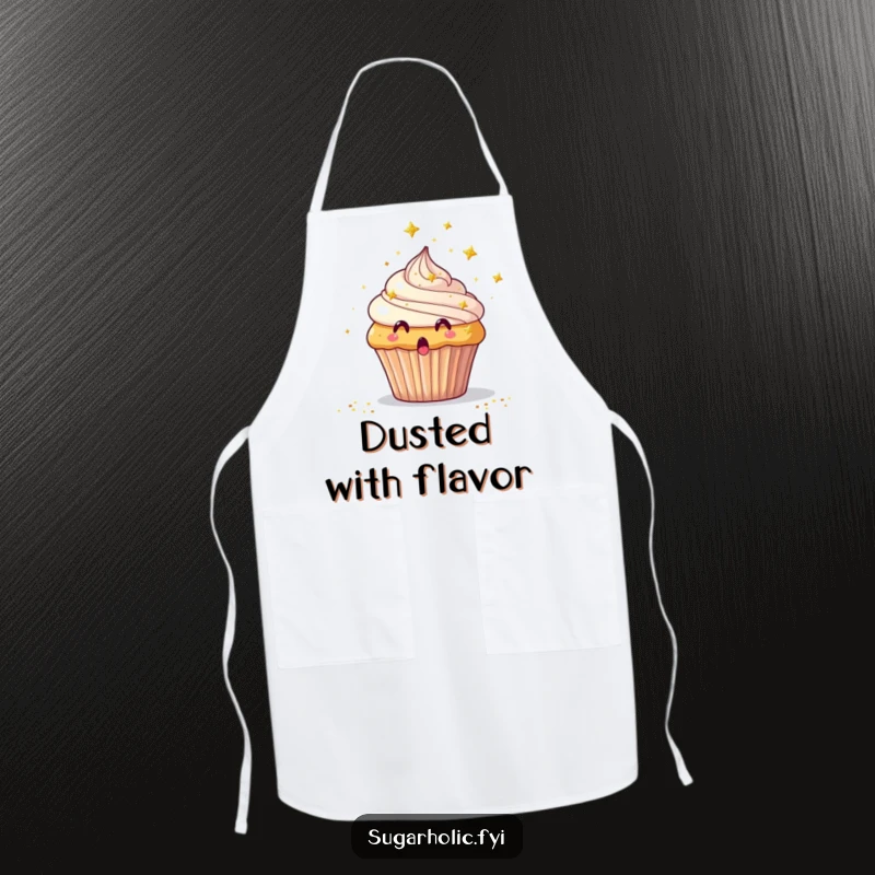 Funny Apron featuring a surprised cupcake receiving a shower of tiny edible glitter stars, perfect for baking.