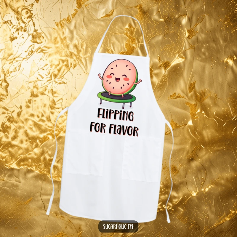 Funny apron featuring a joyful slice of watermelon with seed freckles, bouncing on a trampoline, designed for sunny cooking.