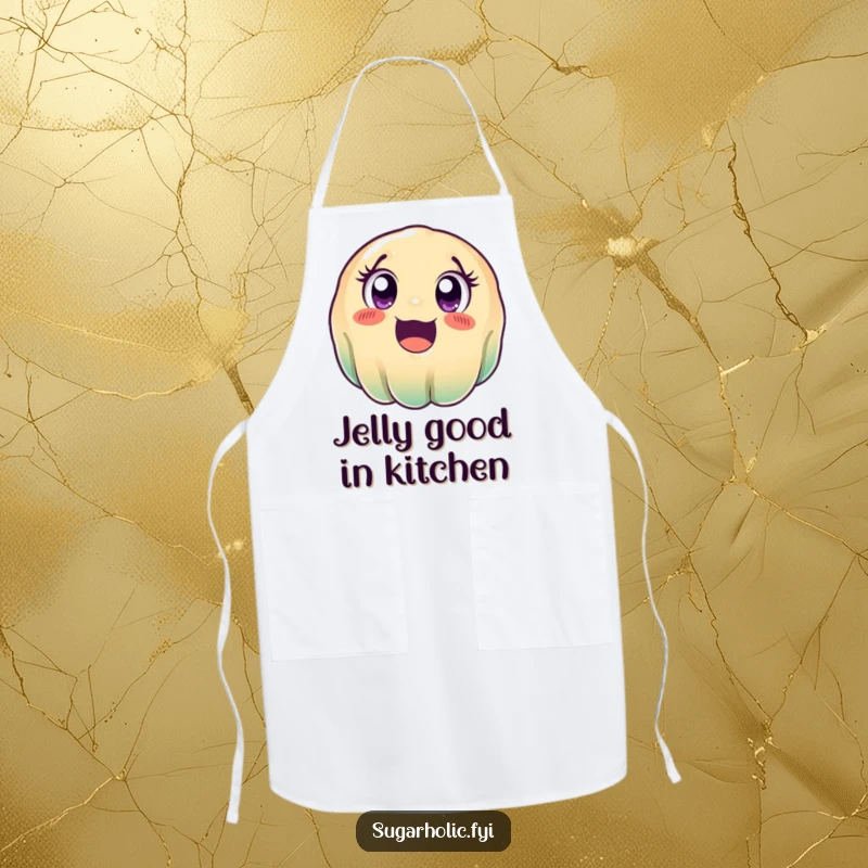 Funny wobbly jelly apron, adorned with a cute, excited cartoon jelly character rolling, perfect for adding humor to kitchen activities.