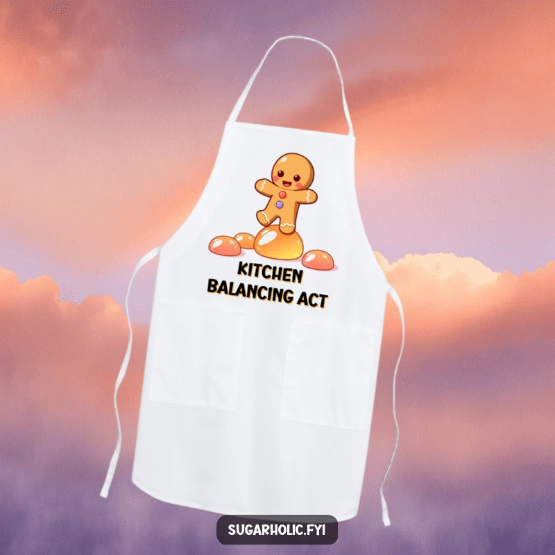 Funny apron depicting a joyful gingerbread person character balancing on wobbling jelly candies during a kitchen activity.