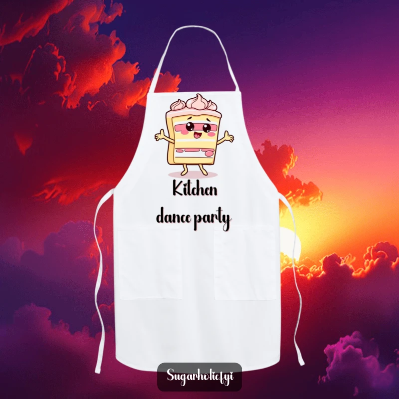 Funny slice of cake character doing a silly dance with frosting on a humorous and practical apron.