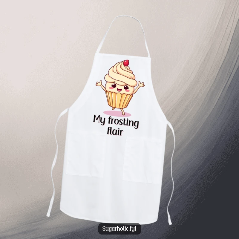 Funny cupcake apron showing a cheerful character dancing with frosting swirls, hilarious kitchen wear for baking parties and dessert enthusiasts.
