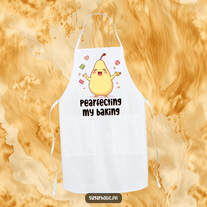 Funny laughing pear apron, a cute cartoon pear juggling candies, designed for adding humor and joy to kitchen activities.
