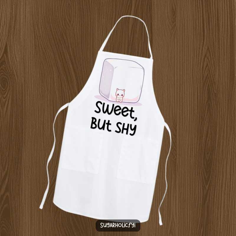 Funny shy candy peeking from behind a large, sparkling sugar cube, a humorous and practical kitchen apron.
