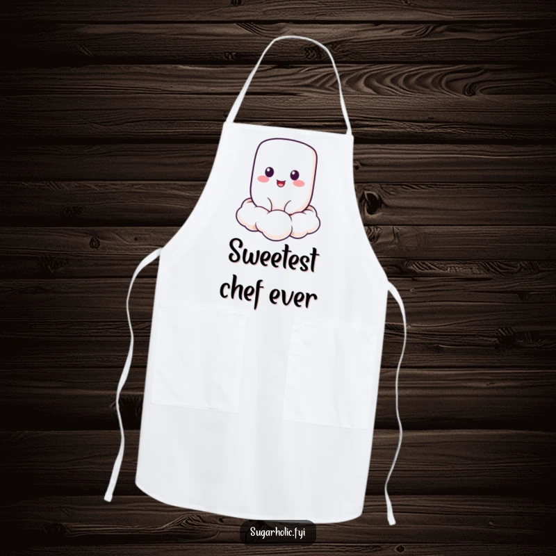 Funny Marshmallow Apron with a cheerful marshmallow character floating on a cloud, a sweet and funny kitchen gift.