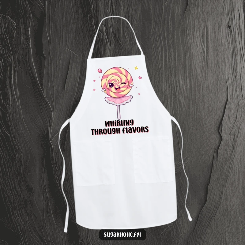Funny Apron displaying a cheerful lollipop twirling like a dizzy ballerina, perfect for adding humor to cooking.