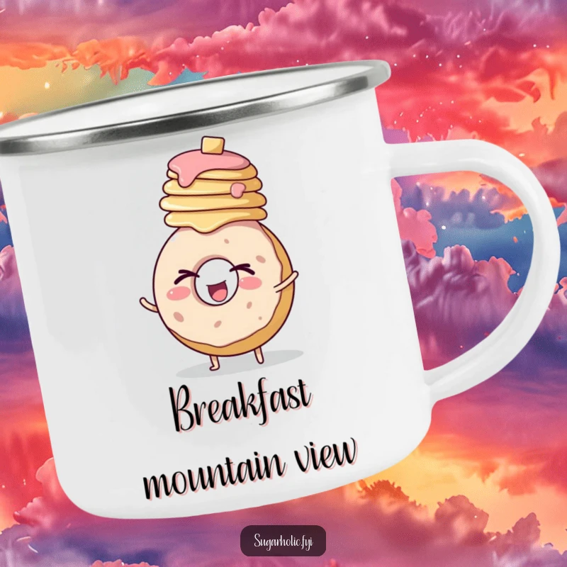 Funny, durable camping mug showing a round donut character winking enthusiastically while balancing a stack of pancakes.