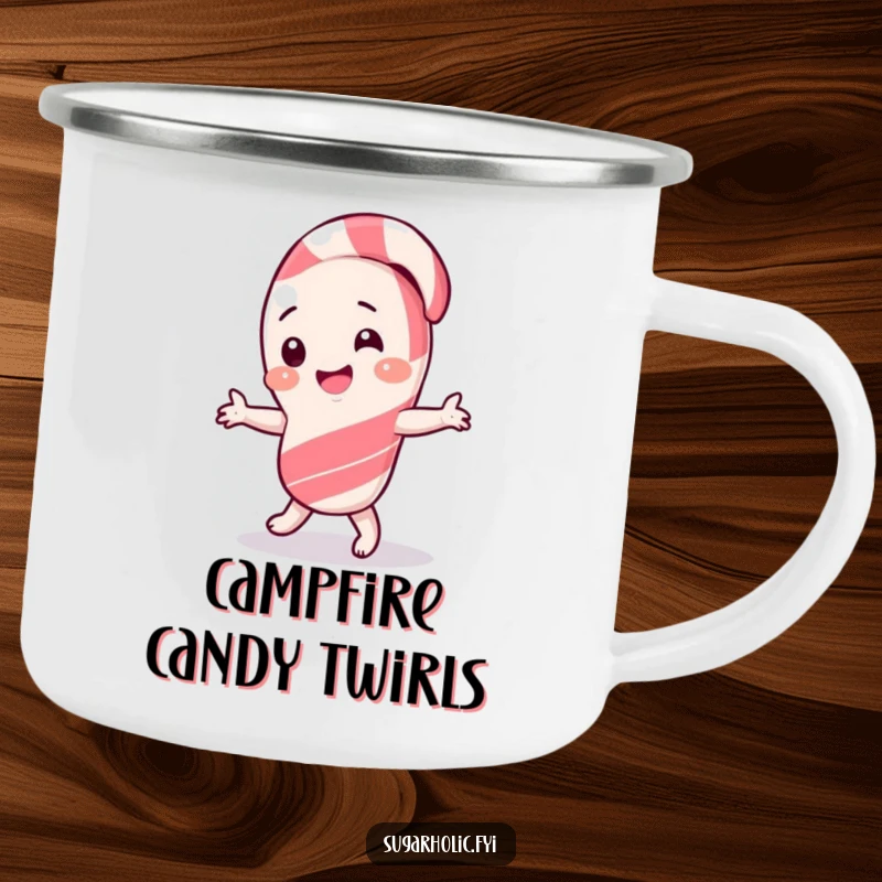 Funny Camping Mug featuring a giggling candy cane character doing a silly dance, bringing cheer to outdoor settings.