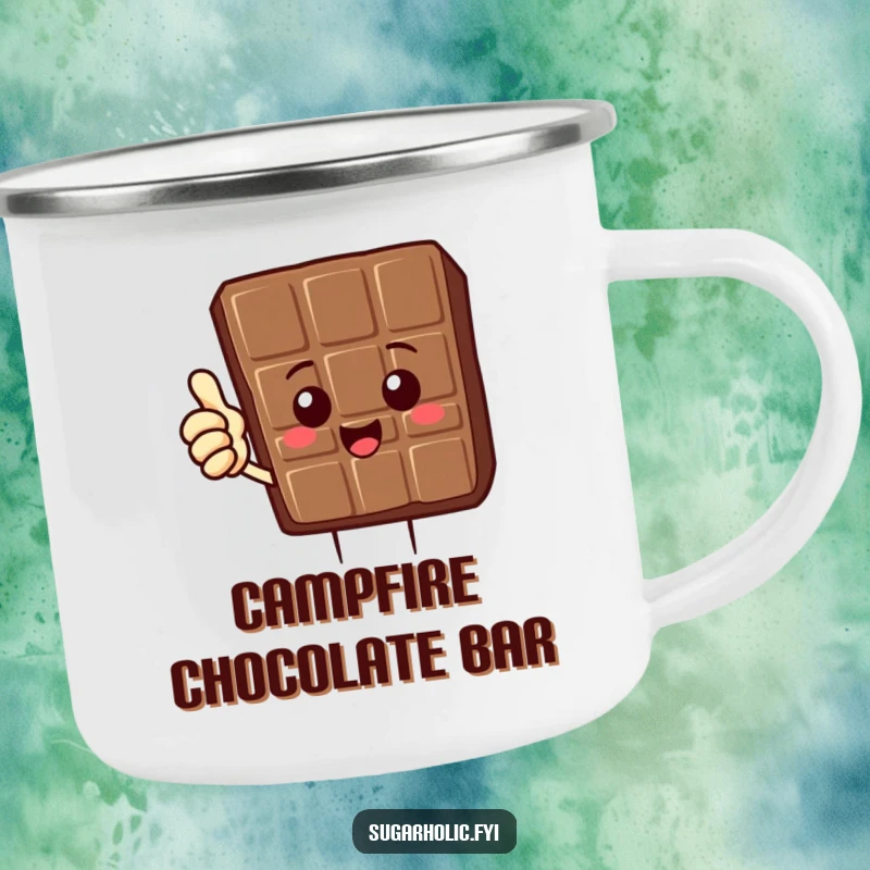 Funny Chocolate Bar Camping Mug with a delighted chocolate bar character giving a thumbs up, a tasty and funny outdoor gift.