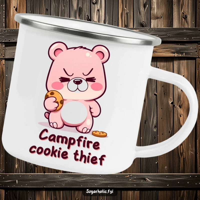 Funny camping mug featuring a sly gummy bear with a mischievous grin, sneaking a cookie on an outdoor adventure.
