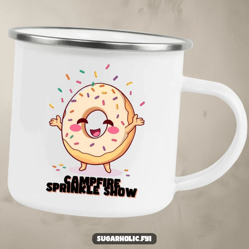 Funny donut character juggling sprinkles, enamel camping mug, durable and witty outdoor accessory.