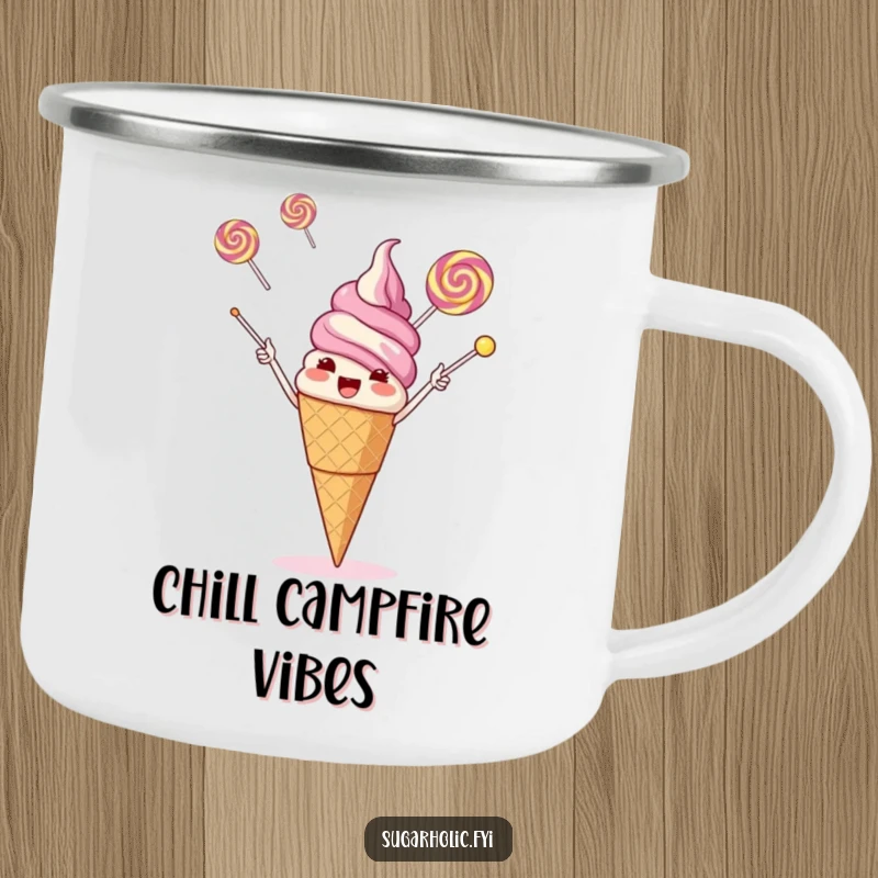 Funny giggling ice cream cone juggling three flying lollipops with its cone, a durable and humorous camping mug.